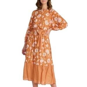 NWT Mila Mae Size S Floral Orange Bohemian Peasant Midi Ling Sleeve Lined